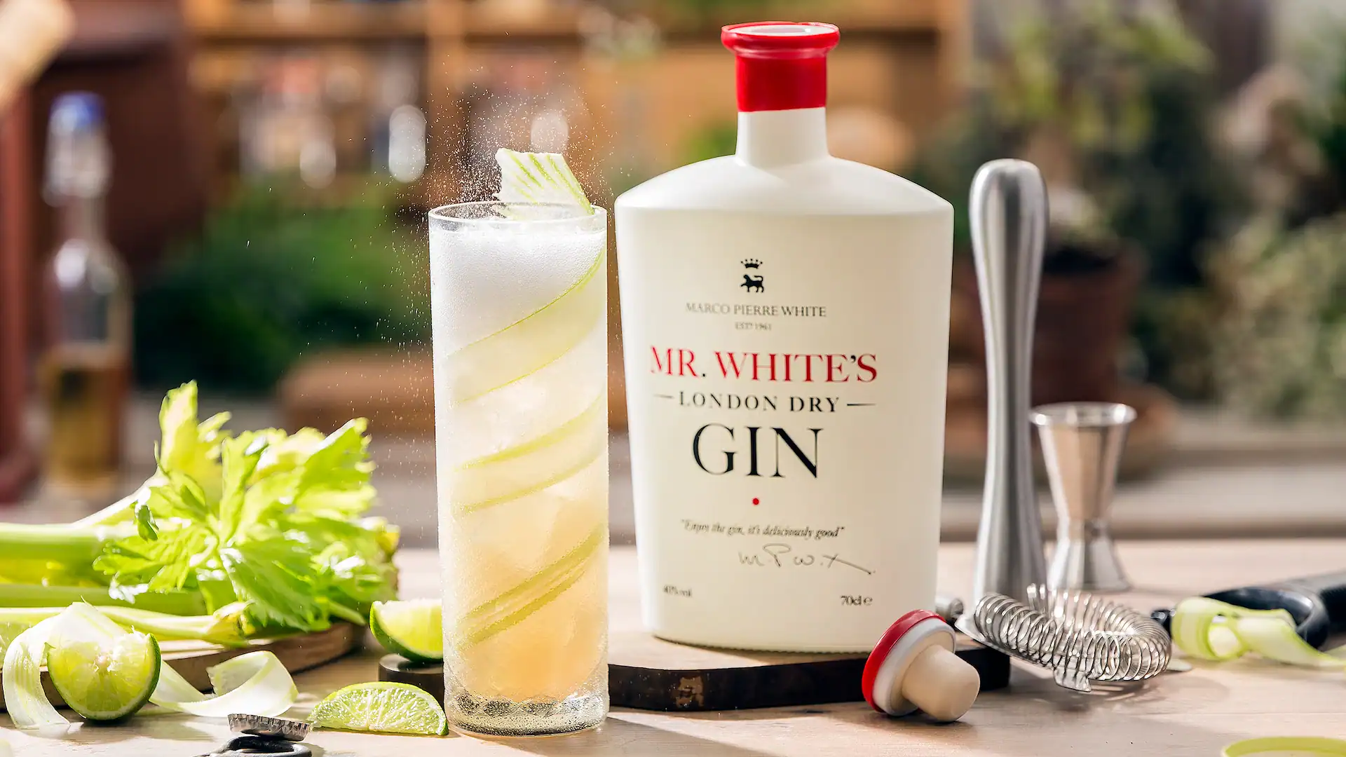 Savoury celery gin cocktail featuring Mr White’s London Dry Gin