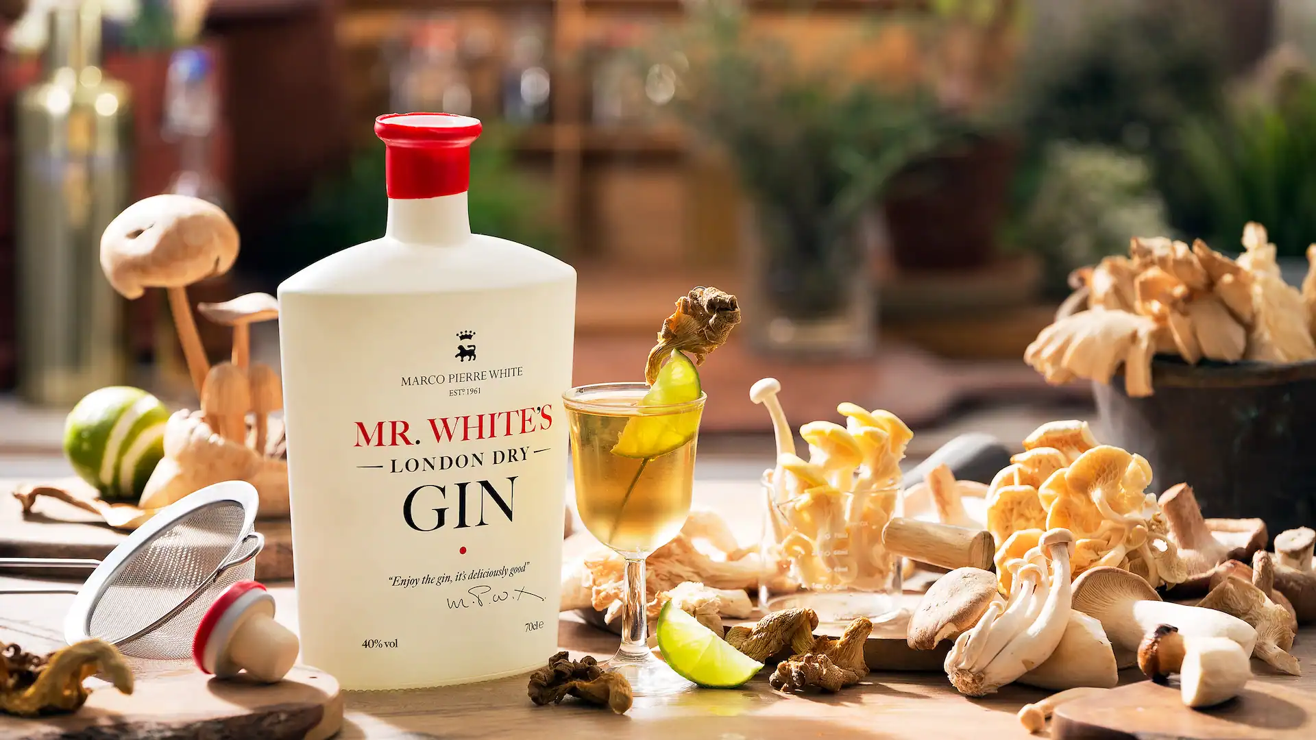 Unique mushroom gin cocktail highlighting the savoury depth of Mr White’s London Dry Gin
