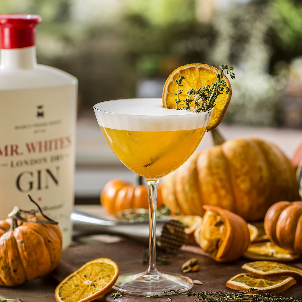 Pumpkin inspired savoury season cocktail featuring Mr Whites Gin