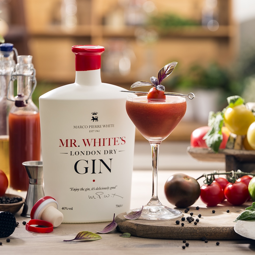 Tomato inspired savoury season cocktail featuring Mr Whites Gin